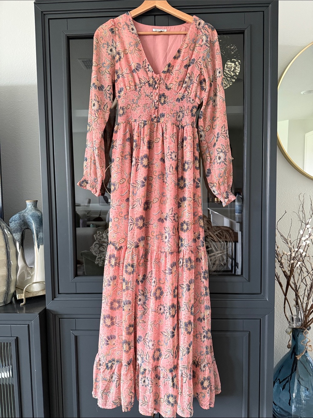Patrons of Peace Coral Pink Floral V-Neck Tiered Maxi Dress